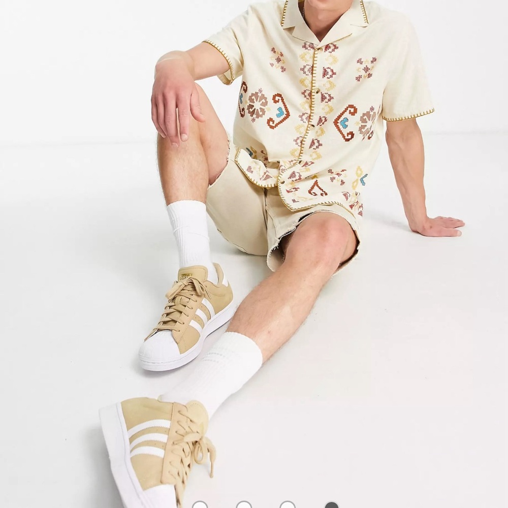 ASOS DESIGN relaxed revere shirt in linen mix with embroidered border Men’s SZ L - Picture 14 of 15